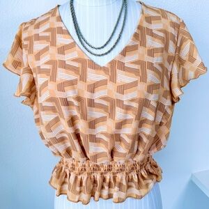 Papaya Brand-Apricot Geometric Smocked Peplum Blouse- 70’s Boho Vibes-Size Large